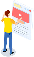 Man standing looks at poster with symbol. Programmer creating structure of video application