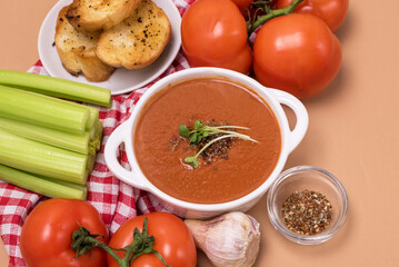 Plate With Tomatoes and Celery Soup and Ingredients Healthy Vegetarian Diet Food Top View