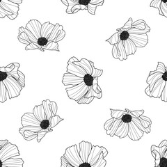 Garden cosmos flower repeat pattern, vector, black and white