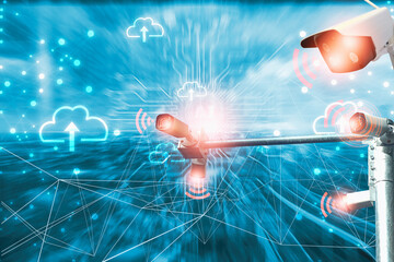CCtv camera check and surveillance in Smart city,digital network technology concept,internet of things,cloud and big data connection,blurred background,control by Artificial intelligence or AI system