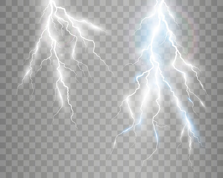 
Vector image of realistic lightning. Flash of thunder on a transparent background.