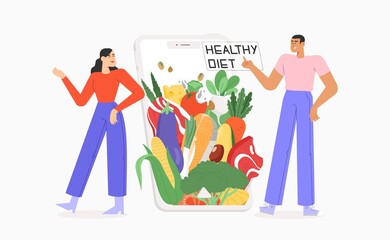 Concept of healthy diet. Online order food or a diet plan. Balanced nutrition, healthy eating, dietetic products, organic products, online nutrition.