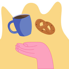 A large pink hand holds a cup and a roll. 