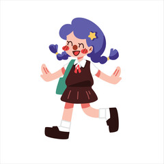 A cute girl walking to school with school uniform white isolated background flat vector illustration. Welcome back to school concept.