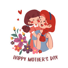 Happy Mother's Day flat vector illustration on white background. Cute little daughter and mom smiling and hugging. Family time being together with floral decoration