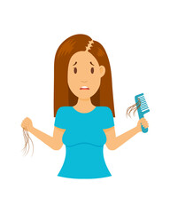 Hair loss in a young girl. Consequences of a disease or viral infection. Vector illustration, isolated color elements on a white background