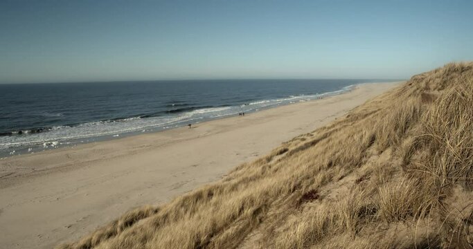 Beach of Sylt on a sunny day with people walking by