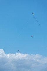 Three kites in the blue sky with white clouds