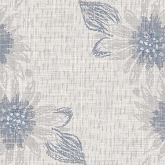 Seamless french farmhouse floral linen printed background. Provence blue gray pattern texture. Shabby chic style woven background. Textile rustic scandi all over print effect. Watercolor paint motif