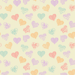 Seamless background of handmade doodle hearts in delicate colors