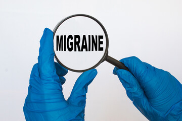 the doctor in gloves holds a magnifying glass with the text MIGRAINE . the medicine
