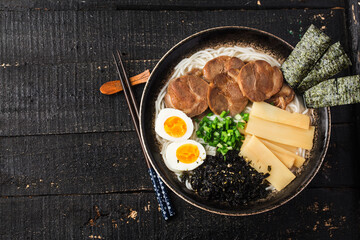 Miso Ramen Asian noodles with egg,  Japanese cuisine.