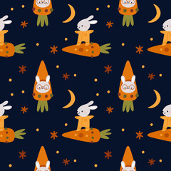 Seamless pattern with cute bunny and space shuttle. Childish pattern with rabbits cosmonaut. Print for girl or boy. Nursery print for textile, fabric, clothing, apparel, wrapping paper