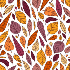 Vector seamless pattern with doodle leaves. Warm autumn background with hand drawn leaf. Illustration in doodle style for textile, wrapping, scrappbooking.