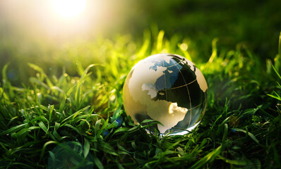 Fototapeta na wymiar Glass globe in green grass at sunny background. Concept of the Environment World Earth Day. 