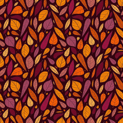 Vector seamless pattern with doodle leaves. Warm autumn background with hand drawn leaf. Illustration in doodle style for textile, wrapping, scrappbooking.
