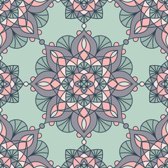 Vector seamless pattern with doodle mandala. Light colors background - ping, green, gray. Hand drawn abstact pattern. - 427677912