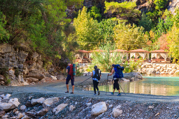 Backpackers on hike in Goynuk Canyon at Lycian Way, Turkey