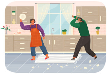 Family conflict and problems in couple relationship, angry people beat dishes in kitchen at home
