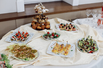 Buffet table for a holiday or corporate event. A large assortment of snacks. Buffet breakfast.