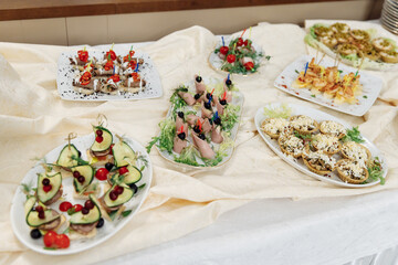 Buffet table for a holiday or corporate event. A large assortment of snacks. Buffet breakfast.