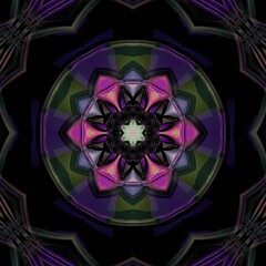 unique hexagonal floral fantasy designs in shades of pink and purple on a black background 