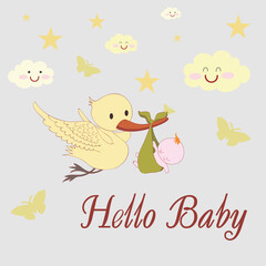 kid card background illustration girl boy child party print graphic design cute newborn cartoon happy template stork and baby clouds hello art gift text decoration invitation sweet greeting 