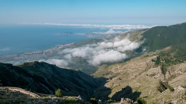 time lapse clouds over the gulf of Gaeta. Natural Park of the Aurunci Mountains the Mountains facing the Tyrrhenian Sea. Gaeta, Formia, Latina, Lazio, Italy