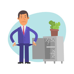 Businessman stands near an empty safe and shows that he has no money. Vector characters