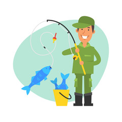 Fisherman caught big fish on fishing rod and smiles. Vector characters