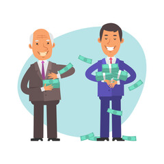 Old businessman gives wages to young businessman. Vector characters