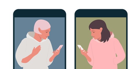 Fototapeta premium Mobile phone talks. Two girls talk on phone. Beautiful women are texting each other. Flat vector illuctration. Two cute girls holding mobile phone. Persons cellphone conversation sending messages.