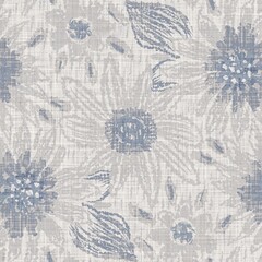 Seamless french farmhouse floral linen printed background. Provence blue gray pattern texture. Shabby chic style woven background. Textile rustic scandi all over print effect. Watercolor paint motif
