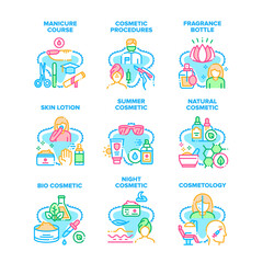 Cosmetic Procedures Set Icons Vector Illustrations. Manicure Course And Cosmetology Occupation In Beauty Salon, Fragrance Bottle And Skin Lotion, Summer Natural And Bio Cosmetic Color Illustrations