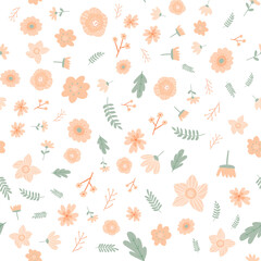 Vector floral pattern in doodle style with flowers and leaves. Gentle, spring floral background.