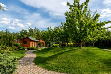 Scenic view yard garden trees and paved stone path road for walk against beautiful blue sky....