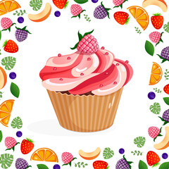 Vector illustration on a white background cupcake with raspberries for birthday, holiday for advertising, postcard, banner, background. Collection of cartoon sweet dessert elements. Baking concept.