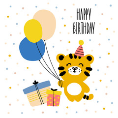Cute tiger with balloons. Happy birthday card.
