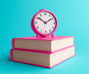 Clock with books in minimal style. Isolated. 3d rendering.