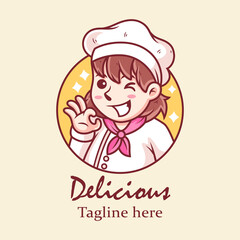Girl Chef Logo Cartoon. Vector Icon Illustration, Isolated on Premium Vector