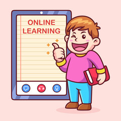 Boy Happy with Online Learning Cartoon. Vector Icon Illustration, Isolated on Premium Vector