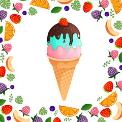 Vector illustration on a white background ice cream with strawberries and chocolate for birthday, holiday for advertising, postcard, banner, background. Collection of cartoon sweet dessert elements.