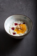 Prepared rice porridge bowl set for breakfast