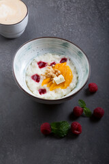 Prepared rice porridge bowl set for breakfast