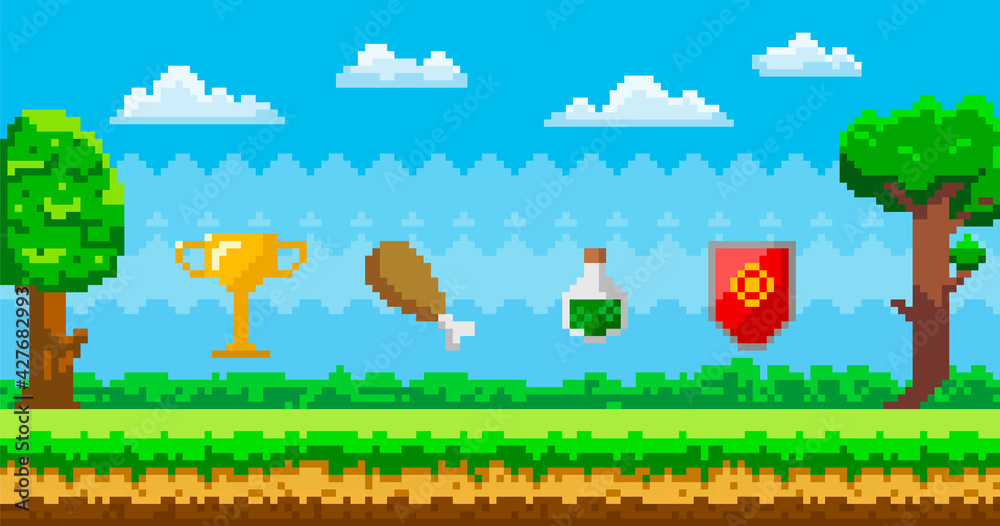 Poster pixel art game background with reward object in air. pixel-game scene with grass, trees and awards