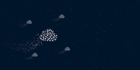 A cloud symbol filled with dots flies through the stars leaving a trail behind. Four small symbols around. Empty space for text on the right. Vector illustration on dark blue background with stars