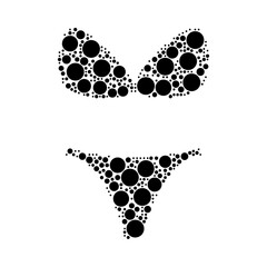 A large bikini symbol in the center made in pointillism style. The center symbol is filled with black circles of various sizes. Vector illustration on white background