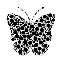 A large butterfly symbol in the center made in pointillism style. The center symbol is filled with black circles of various sizes. Vector illustration on white background