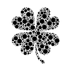 A large four-leaf clover symbol in the center made in pointillism style. The center symbol is filled with black circles of various sizes. Vector illustration on white background