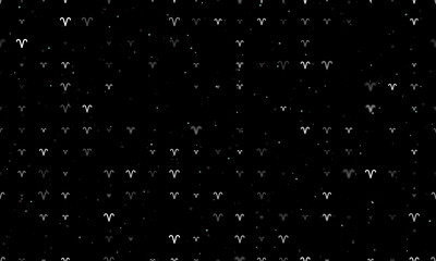 Seamless background pattern of evenly spaced white zodiac aries symbols of different sizes and opacity. Vector illustration on black background with stars